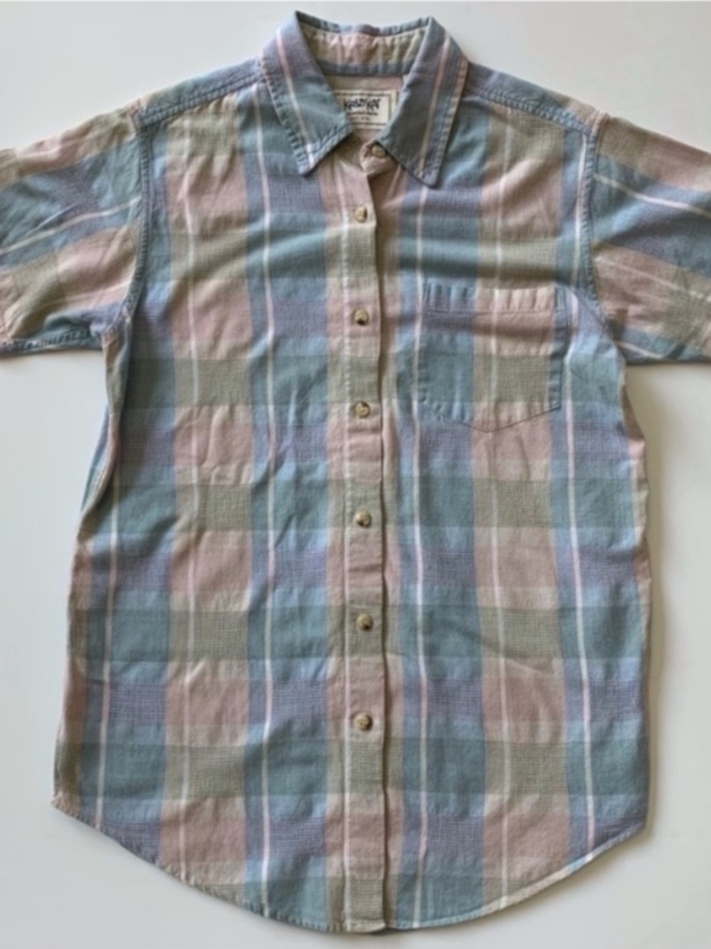 krazy kat Pastel Plaid Button-Down Short Sleve Shirt Pink, Blue, Green Cottage S